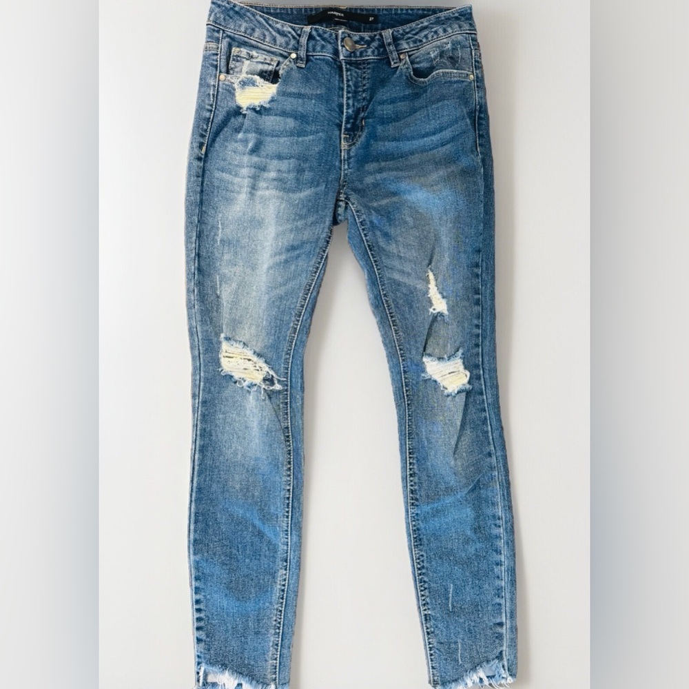 Harper Raw Hem Distressed Jeans Medium Wash Cropped Slim Straight Fit Size 27